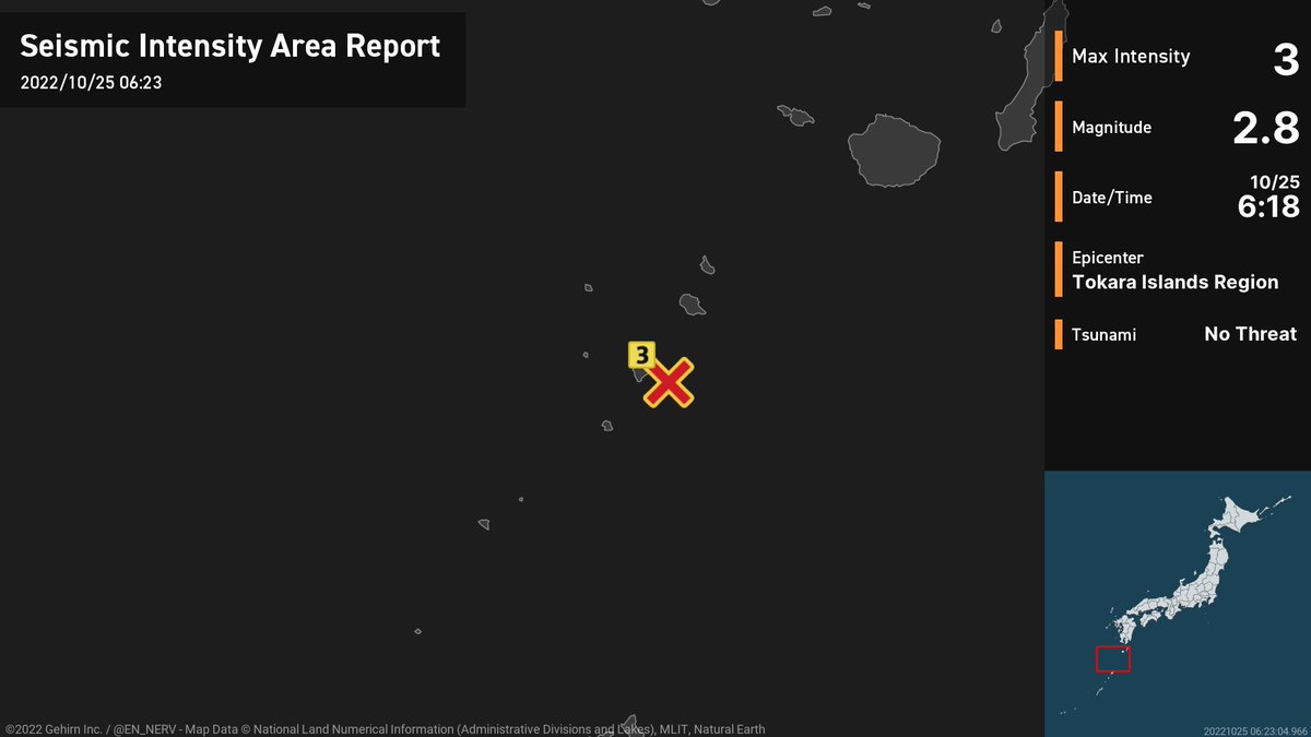 Earthquake Detailed Report – 10/25 At around 6:18am, an earthquake with a magnitude of 2.8 occurred near the Tokara Islands at a very shallow depth. The maximum intensity was 3. There is no threat of a tsunami. #earthquake