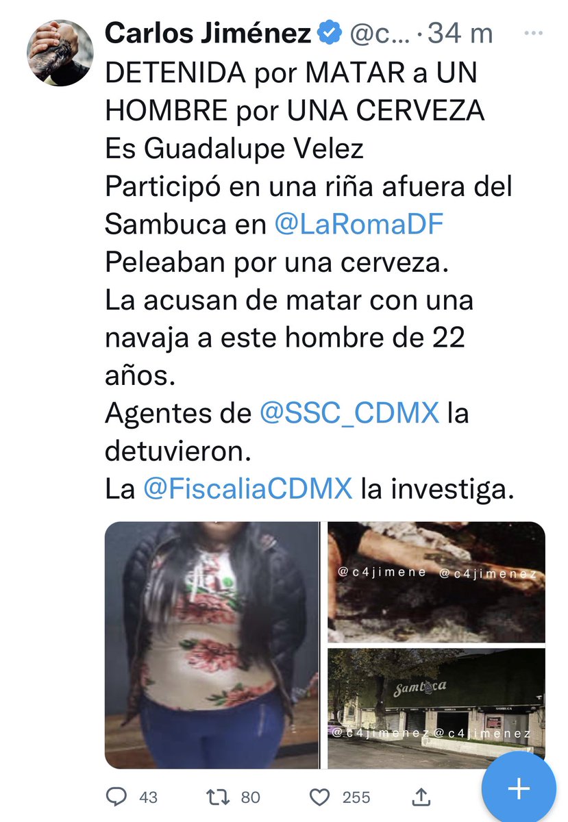 Carlos Jiménez (@c4jimenez) on Twitter photo ES LA SEGUNDA VEZ Q CAE POR HOMICIDIO
Es la ficha de presidiaria de Guadalupe Velez.
En 2014 la <a href="/FiscaliaCDMX/">Fiscalía CDMX</a> la encarceló acusada de un asesinato… quedó en libertad.
Ayer, agentes de <a href="/SSC_CDMX/">SSC CDMX</a> la atraparon en <a href="/LaRomaDF/">Colonia Roma 🚲</a>
Ahora la acusan de matar a un hombre x una cerveza. ES LA SEGUNDA VEZ Q CAE POR HOMICIDIO
Es la ficha de presidiaria de Guadalupe Velez.
En 2014 la <a href="/FiscaliaCDMX/">Fiscalía CDMX</a> la encarceló acusada de un asesinato… quedó en libertad.
Ayer, agentes de <a href="/SSC_CDMX/">SSC CDMX</a> la atraparon en <a href="/LaRomaDF/">Colonia Roma 🚲</a>
Ahora la acusan de matar a un hombre x una cerveza.