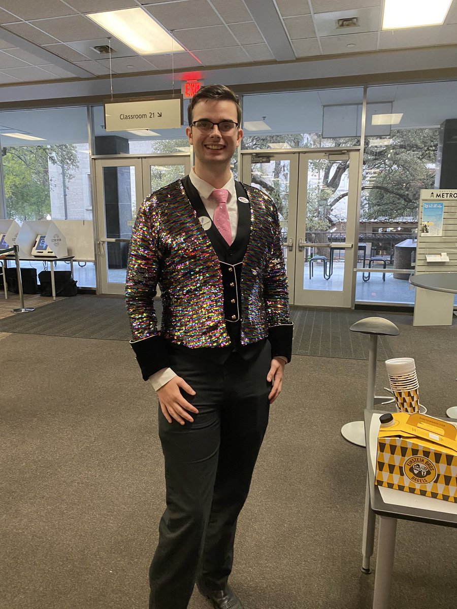 One of our earliest early voters at Flawn Academic center at UT, dressed for the occasion.