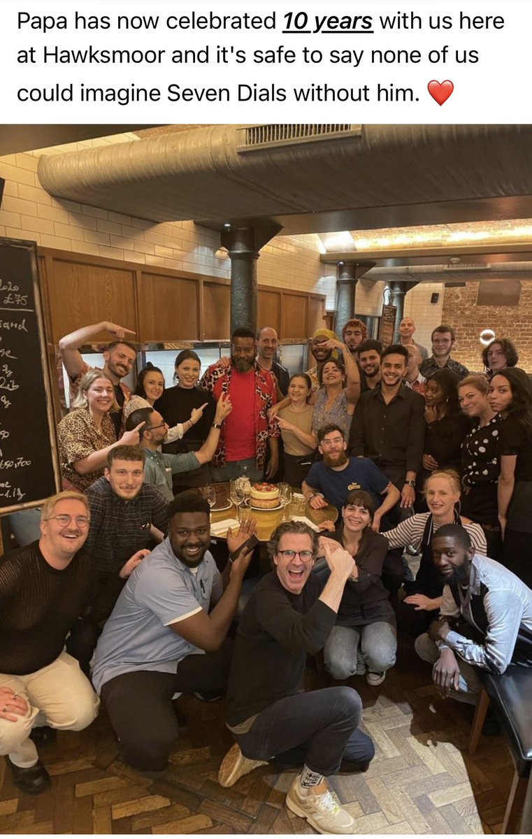 HawksmoorTweets's tweet photo. So far this year 17 people have celebrated their 10th anniversary of working at Hawksmoor. Two of them in these pictures - one from Seven Dials and one from Air St. They get a bonus and some extra holiday, but more importantly they get this kind of reaction from their peers. ❤️ https://t.co/a5eekh42lB