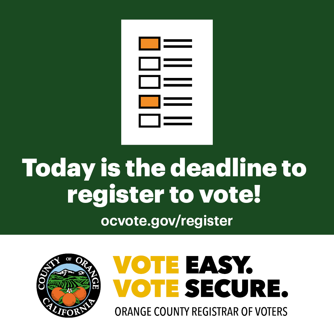 11:59 p.m. today is the deadline to register to vote for the November 8, 2022 General Election. Register to vote or update your registration today at registertovote.ca.gov Not sure if you are registered to vote? Check your registration status at ocvote.gov/verify @OCGovCA