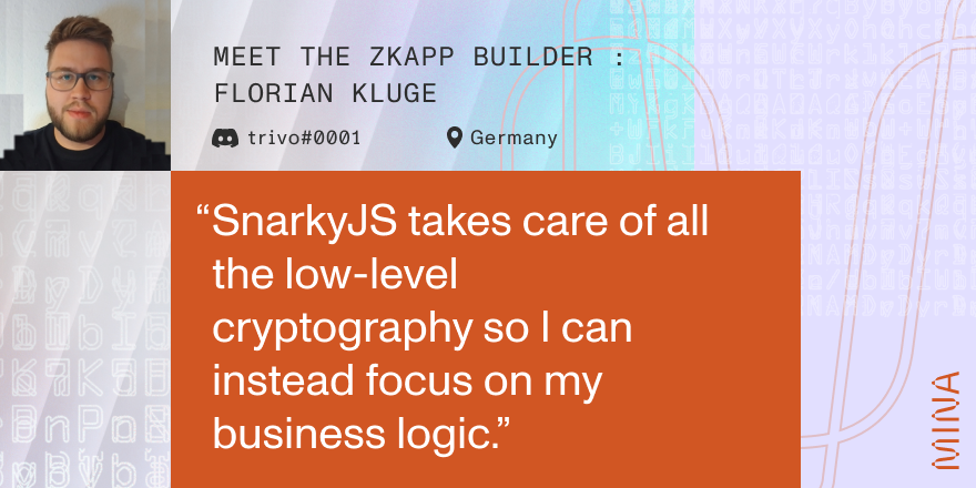 MinaProtocol's tweet photo. “SnarkyJS takes care of all the low-level cryptography so I can instead focus on my business logic.” – @zktrivo

Learn more about Florian &amp; zkFusion, a modular zkRollup framework to increase transaction throughput that other devs can build apps on top of👇 https://t.co/xk8utooHhj https://t.co/3iWBvo26za