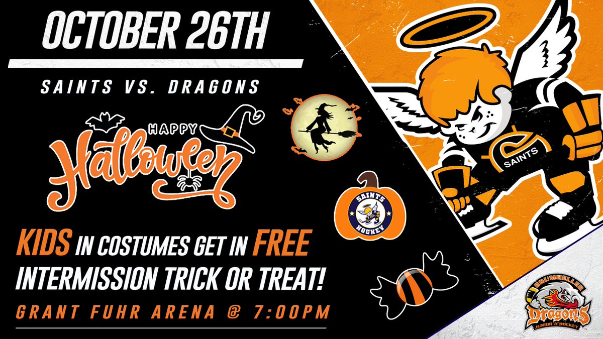 sgsaints's tweet photo. Join us on Wednesday evening when we host the Drumheller Dragons for Halloween Night!

KIDS in costumes get in FREE! 🎃👻

Saints players will be handing out candy in the intermissions!

Get your tickets here --> https://t.co/pm2Qeb6aaI

#AJHL | #SaintsNation https://t.co/Nt9EFmvYZV