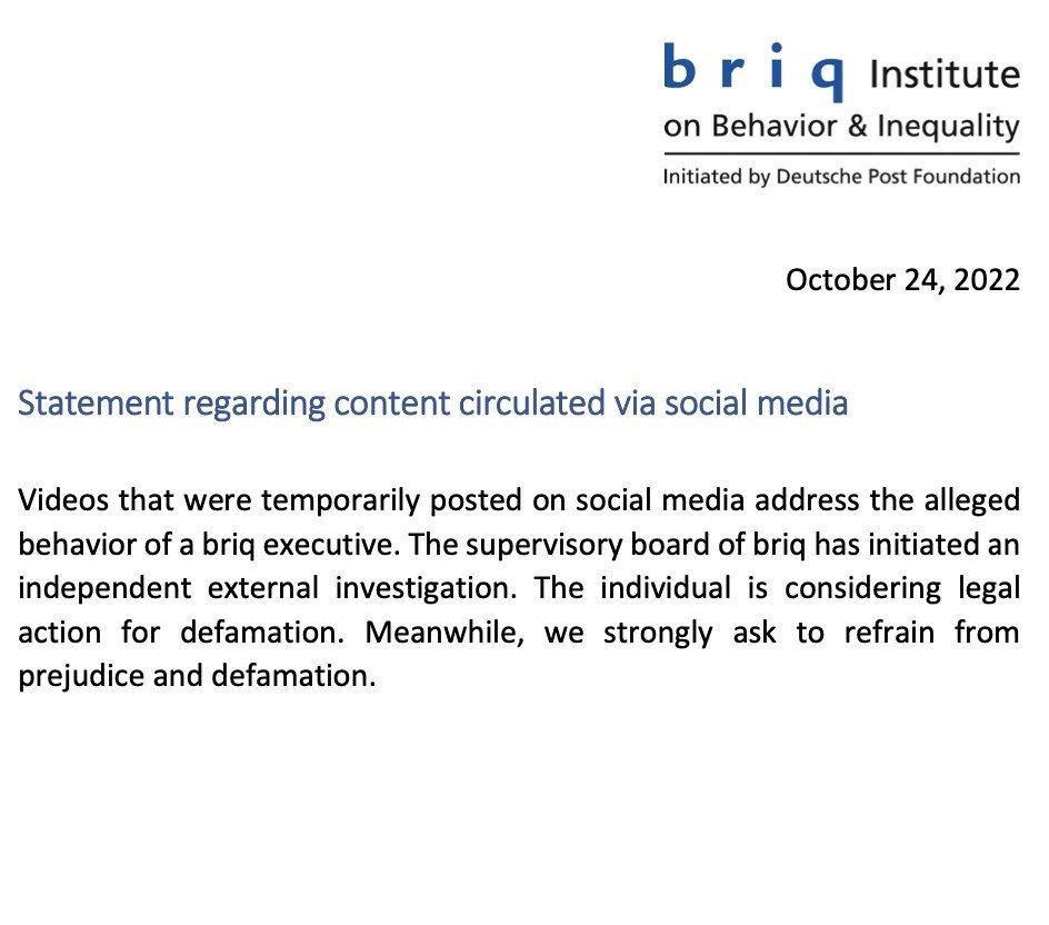 See briq's initial public response to the charge, which, under Falk's leadership, threatened to sue Falk's accuser (who is now deceased)