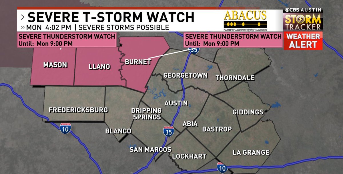 averytomascowx's tweet image. SEVERE THUNDERSTORM WATCH now up through 9 PM for the northern Hill Country. 

We are on the southern end of a stronger/more widespread storm chance beginning now in NW Texas. Lrg hail, damaging winds are the main concern with anything that develops #txwd