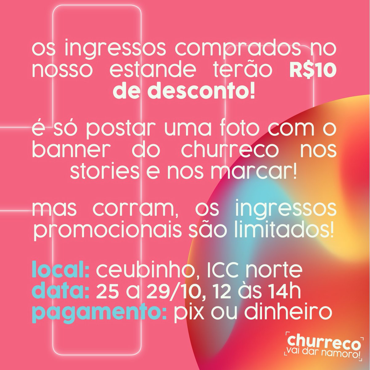 VEIO AÍ A PARTE POSITIVA DA VOLTA AS AULAS
pra você que ainda não comprou seu ingresso do churreco, compre no nosso estande e ao fazer a divulgação vc ganha R$10 de desconto!!
Um sabor né?? Não perca essa chance 🤩