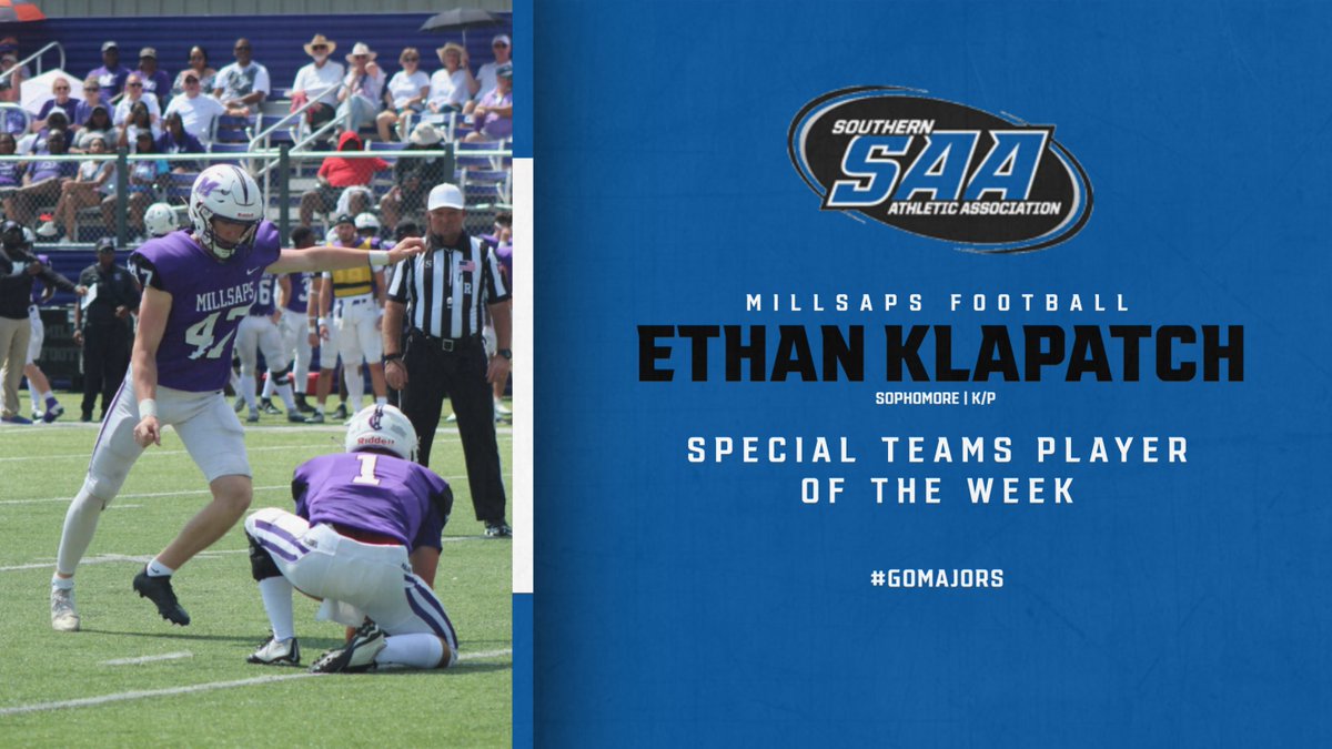 MajorAthletics's tweet photo. Congratulations to @ethan_k_03 for being tabbed the SAA Special Teams Player of the Week! 💯😤

He becomes the third Millsaps football student-athlete to earn a weekly conference honor this season.

🔗: https://t.co/A0yrHzF36F

#GoMajors https://t.co/JoA6ptISAj