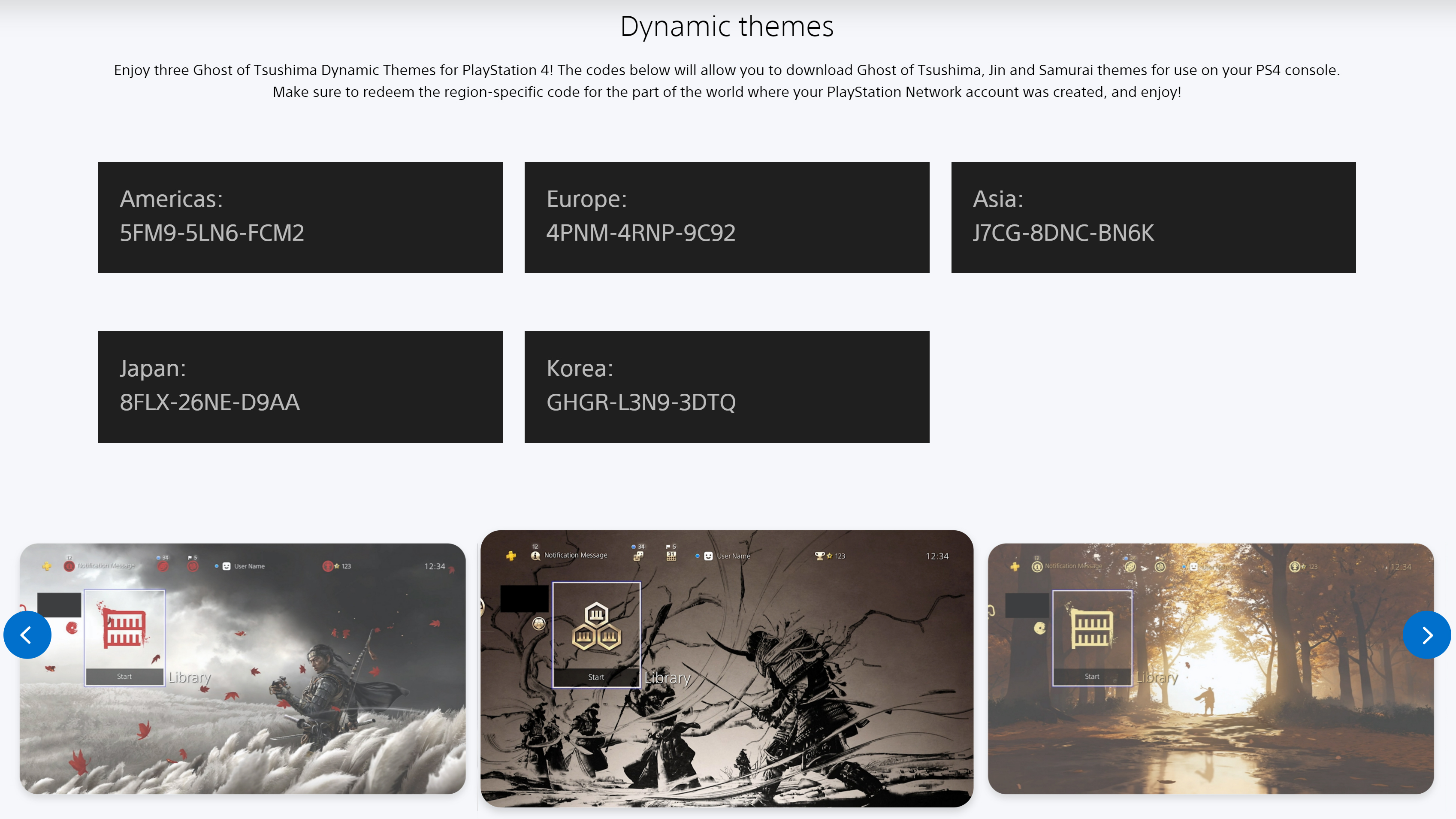 A screenshot from ghostoftsushima.com showing screenshots of three Dynamic Themes, with redemption codes for various regions above