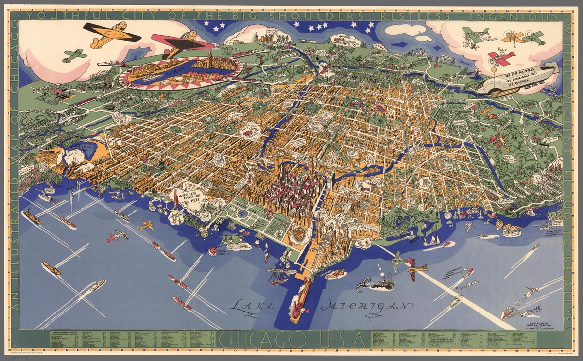 A whimsical and fun pictorial #map of #Chicago, likely made to advertise for the upcoming World's Fair (1931)

#atlas #cartography