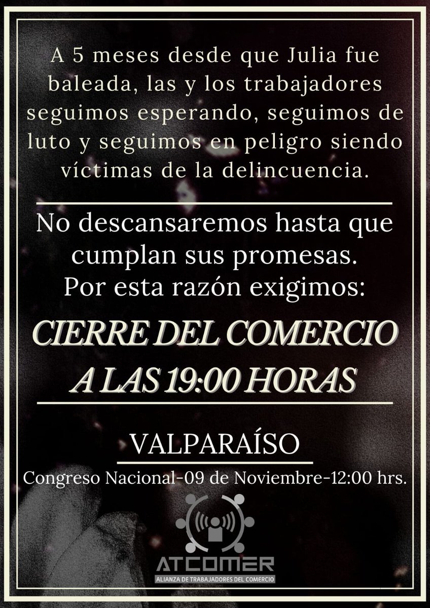 ATComer_'s tweet photo. Este 9/11 l@s trabajadores del Comercio iremos al Congreso a exigir que la lucha contra la delincuencia no se quede en discursos. Políticos de todos los partidos, incluyendo el presidente @gabrielboric, se comprometieron a apoyar hace más de 1 año. Es hora de cumplir #Cierre19hrs https://t.co/XqhXuA96QK