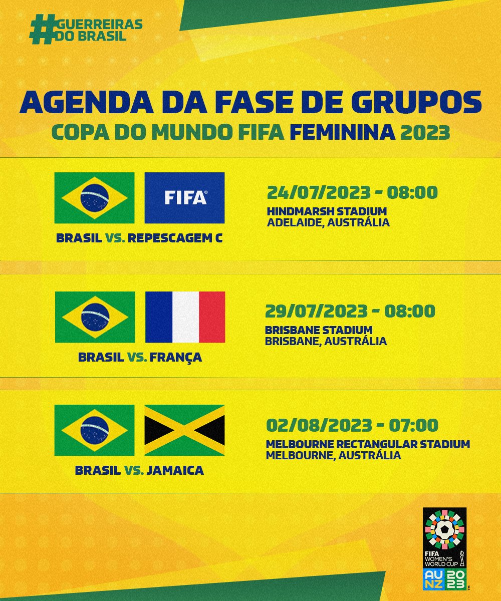 Todo mundo preparado pra acordar cedo e torcer pelas #GuerreirasDoBrasil? Os compromissos da #SeleçãoFeminina na fase de grupos da @FIFAWWC já estão com data, local e horário definido! Vamos com tudo! 🇧🇷