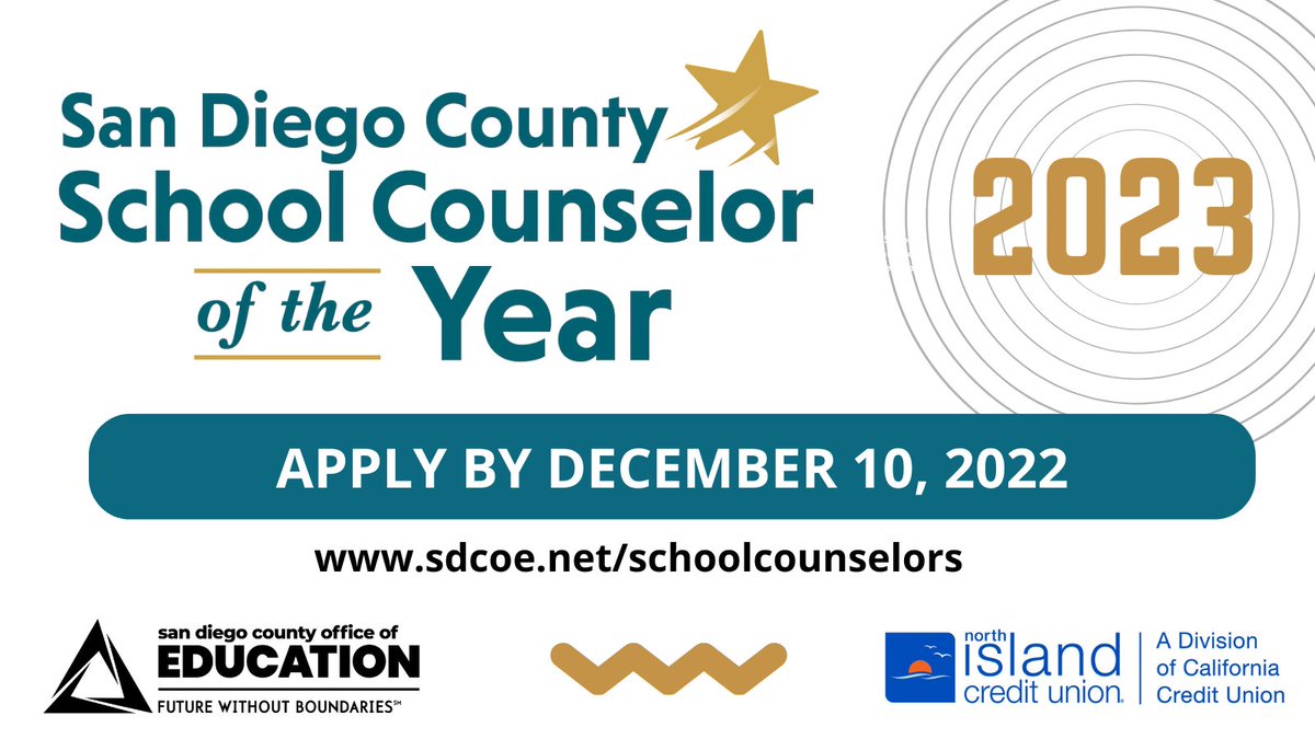 2023 San Diego County School Counselor of the Year applications are now available! There will be three SCOY selected: (1) elementary, (1) middle, and (1) high. Go to sdcoe.net/schoolcounselo… for eligibility requirements, to nominate a candidate, or to apply. @SanDiegoCOE