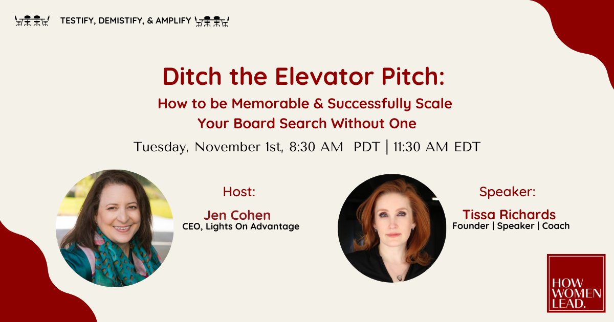 I'm hosting an event with How Women Lead! In this event board leadership expert, CEO and speaker Tissa Richards explains why the traditional "elevator pitch" may actually be limiting the success of your board journey and your reputation.

Register here: ow.ly/u4XU50LjEuW