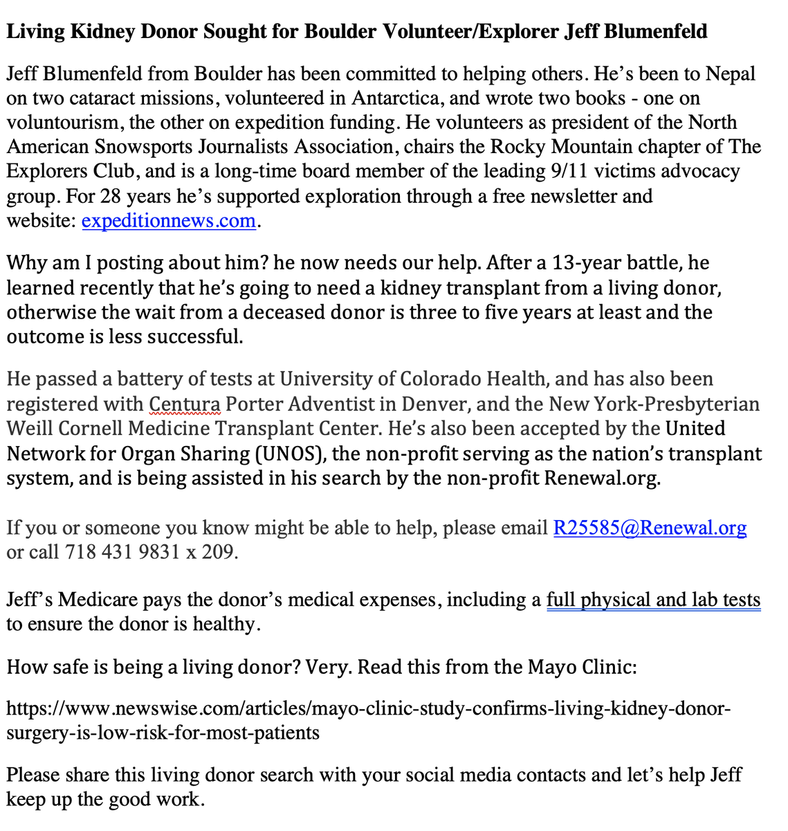 AlanStern's tweet image. I am writing to let you all know about a fiend and colleague, @jeffblumenfeld , who is in serious need of a kidney transplant. Jeff is an amazing person, a leader in the @TheExploresClub, and so much more! Thank you all for reading and considering this appeal. Retweets please!