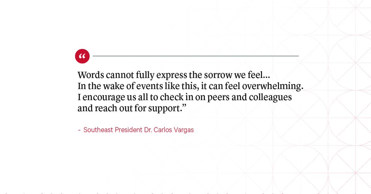 Many in our Southeast community have been impacted by the school shooting at Central Visual and Performing Arts in St. Louis this morning. We are offering support resources for students and employees. President Vargas' full statement is in his recent letter to campus.