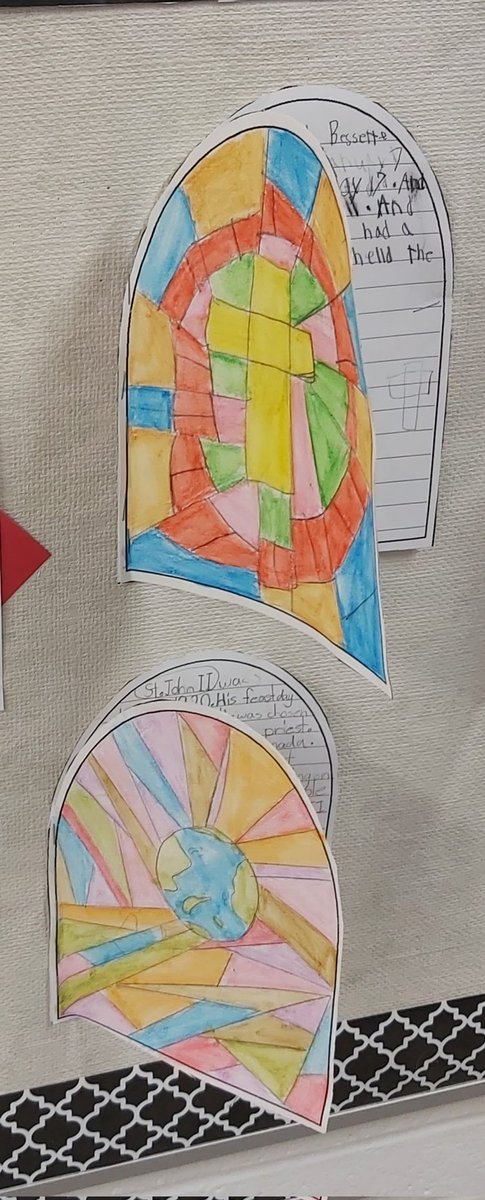grade3withMrsH's tweet photo. I LOVE this project! Students designed and created their own stained glass window as a cover for their Saint report. #religionclass #BlessedAndGrateful https://t.co/T7OFECGgTr