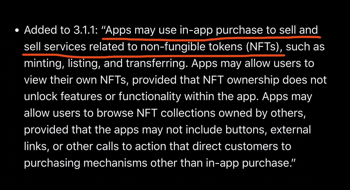 After a multi-year battle, the largest company on Earth just updated its terms of service to allow for the sale of NFTs in apps.

The first crack in Apple's multi-trillion dollar walled garden just appeared.