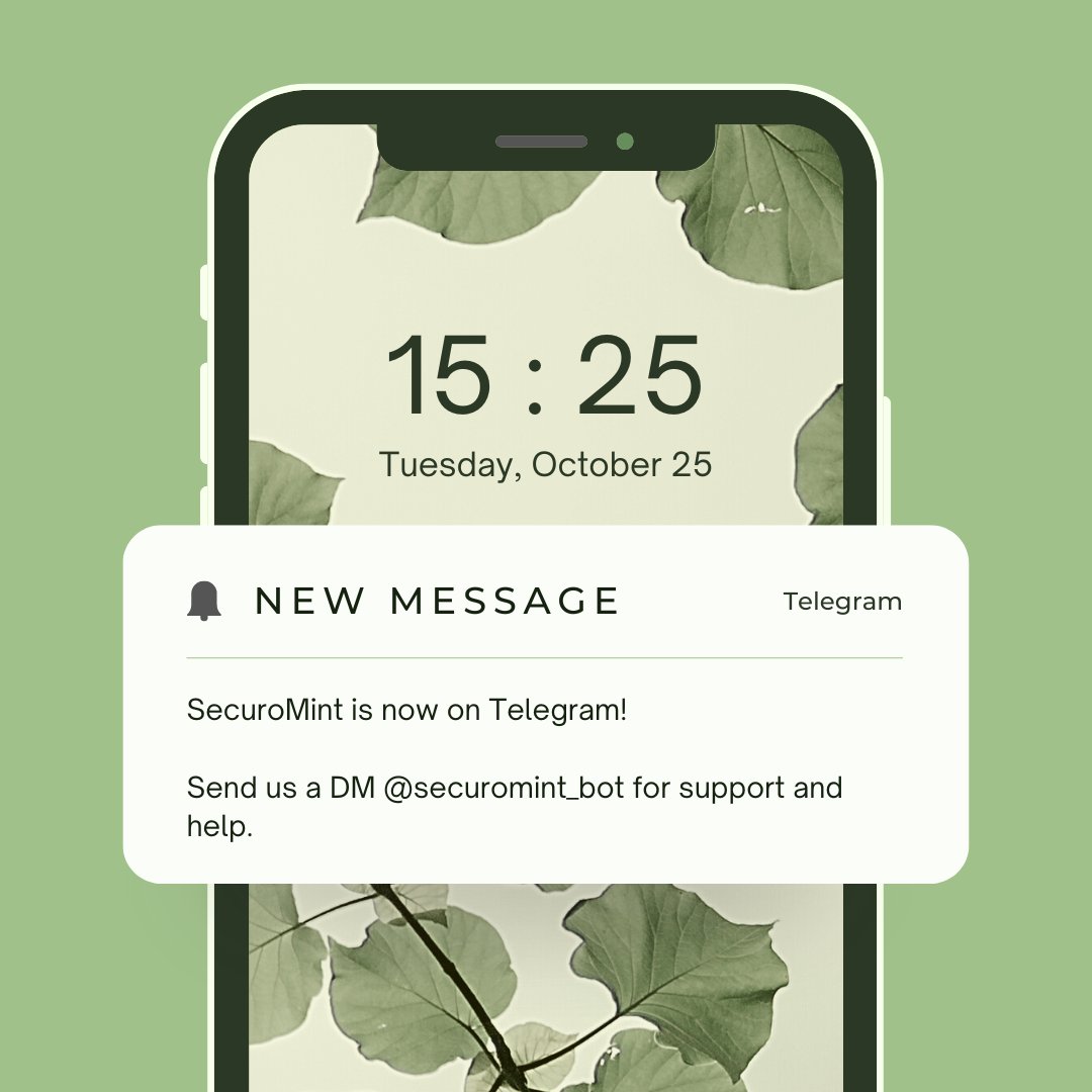 SecuroMint (@securomint) on Twitter photo 💬 Twitter not your thing?
Get SecuroMint help, support and service by DMing us on <a href="/telegram/">Telegram Messenger</a>: securomint_bot 💬 Twitter not your thing?
Get SecuroMint help, support and service by DMing us on <a href="/telegram/">Telegram Messenger</a>: securomint_bot