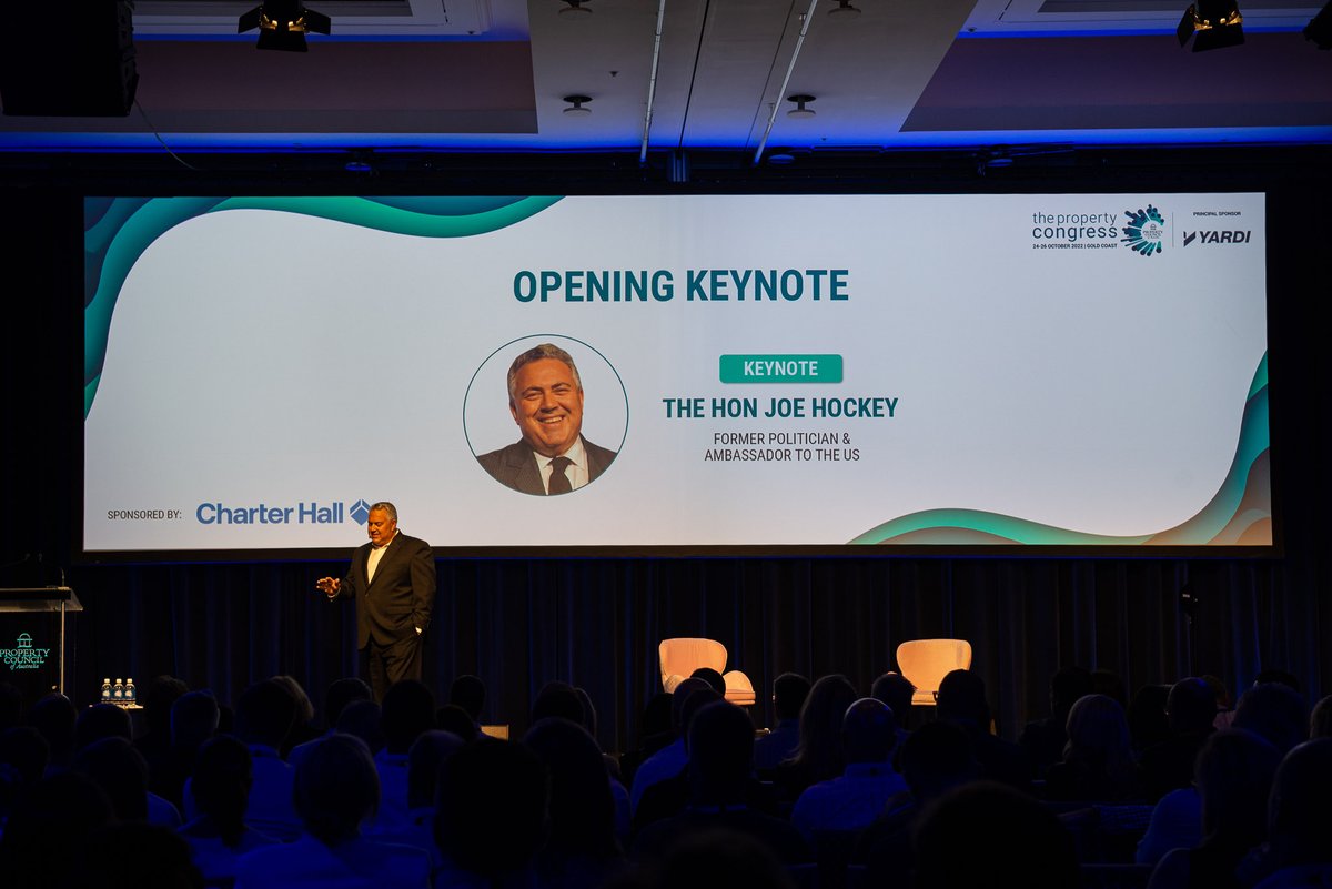 PropertyCouncil's tweet photo. Our opening keynote and Q&A from The Hon. Joe Hockey Australia’s former Treasurer and Ambassador to the US. Mr Hockey shared his thoughts on trade, geopolitics, the global economy, and his time working with the White House #TPC22
Sponsor @CharterHallGrp https://t.co/uJOi34fwNb