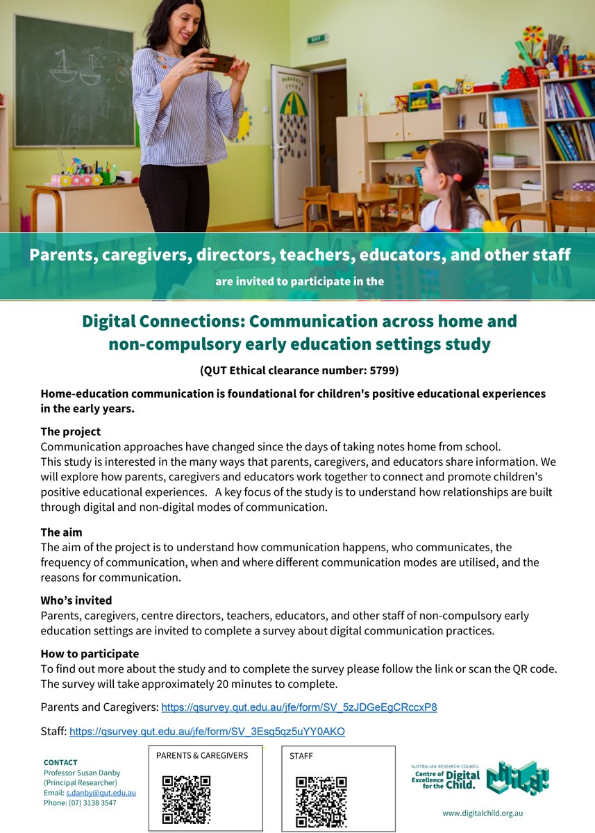 Help us understand communication across home & early education settings. Parents, caregivers, centre directors & educators are invited to complete our survey about digital communication practices. Parents & caregivers: bit.ly/3FgfgUH. Staff: bit.ly/3WaqwZ1