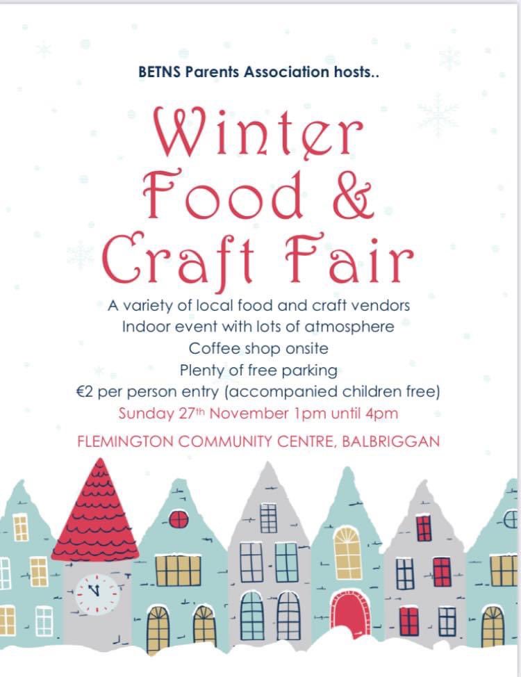 Don’t forget, the Winter Craft and Food Fair will take place on Sunday 27th November in Flemington Community Centre. Make sure you save the date and support this fundraiser! @BalbrigganETNS