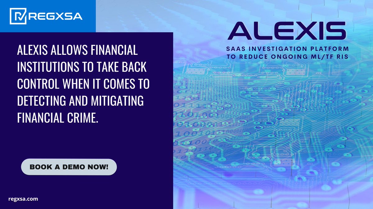 Regxsa’s Alexis platform allows financial institutions to take back control when it comes to detecting &amp; mitigating financial crime.
Learn more @ regxsa.com
Book a demo and try Alexis yourself: lnkd.in/d6RX98v
#regxsa #alexis #ml #finance #banks