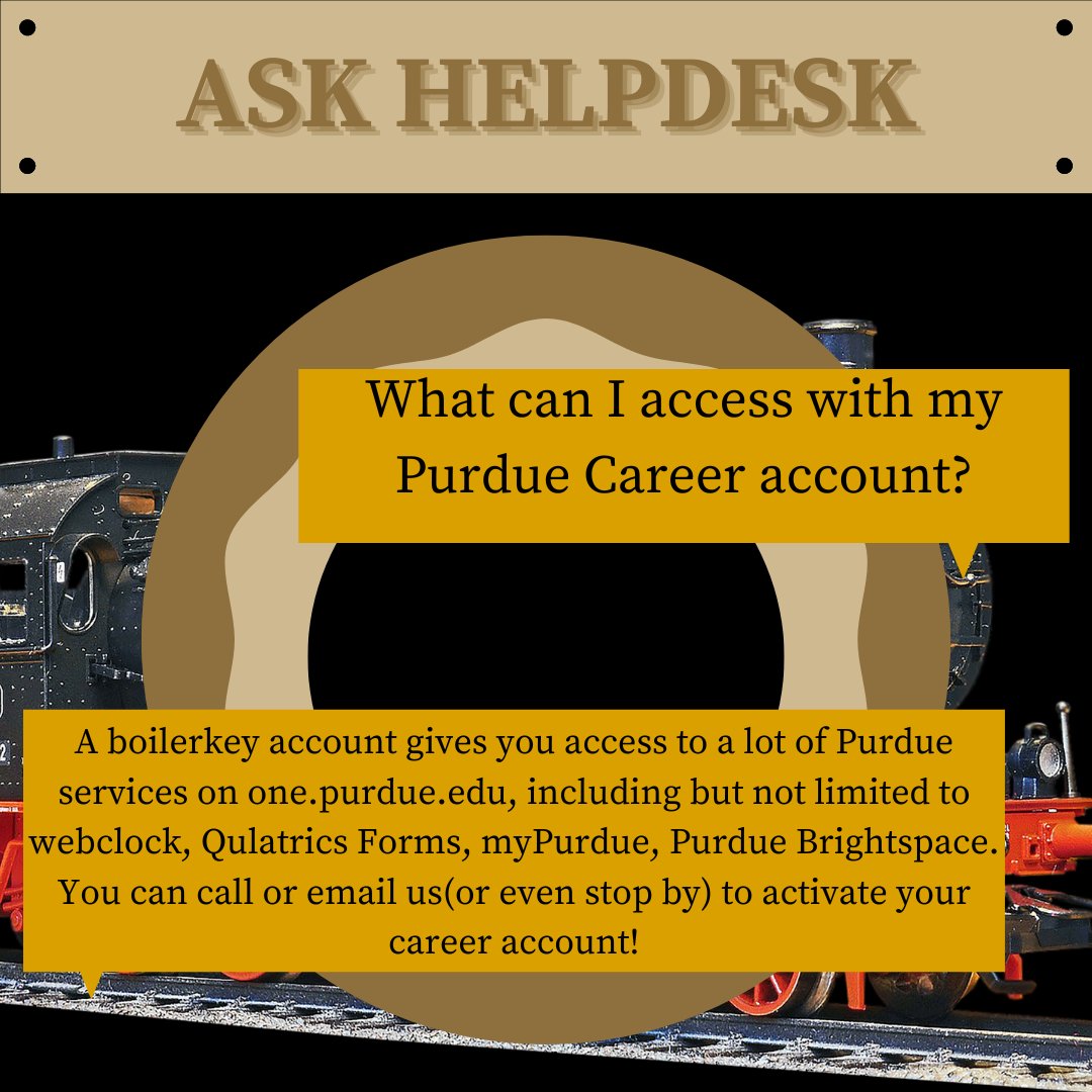PurdueFW_ITS_HD's tweet photo. Did you know that you can get a Purdue Career account as a PFW student?
This account allows you to explore Purdue Brightspace, Qualtrics forms, Webclock and many other services.
If you need to setup your career account, call or email us, and we will be happy to help! https://t.co/HQ5xLp4jZJ