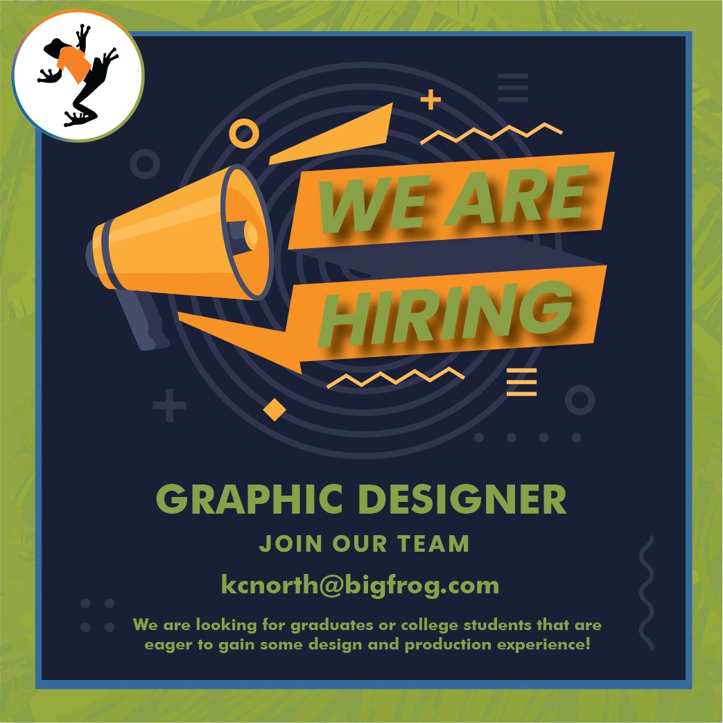BigFrogKC's tweet photo. We are hiring! Email resumes to kcnorth@bigfrog.com - we are looking for graduates or students that are eager to gain some graphic design or production experience! Previous experience in customer service or retail is a plus! :) We are a small, family owned business! https://t.co/sDIE3WCDZI