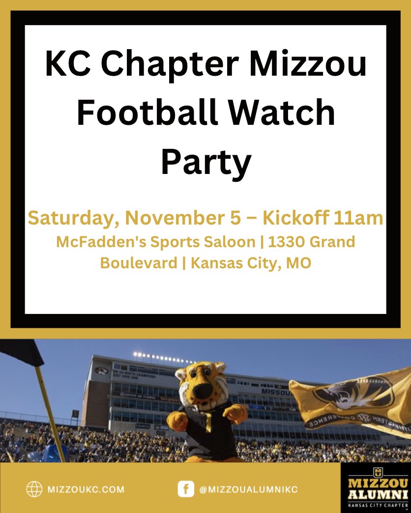 MizzouAlumniKC's tweet photo. Tiger fans, you are invited to meet up at McFadden’s in the KC Power &amp; Light District for a football watch party as Mizzou takes on Kentucky. Register to save your spot at: https://t.co/t4ao0d3k5u https://t.co/lDzSguQ7hF