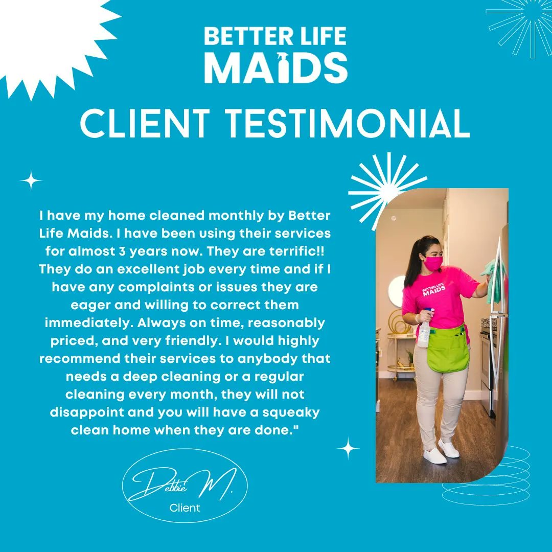 CallBetterLife's tweet photo. ✨ Thank you, Debbie, for the last 3 years! ✨ We appreciate all the kind words and encouragement.  #clienttestimonal #cleaning #cleaningcompany #stl #localbusiness #saintlouis https://t.co/TASgBciYIP