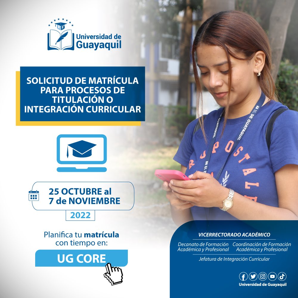 UdeGuayaquil's tweet photo. #TitulaciónUG
Recuerda que desde este martes 25/oct podrás generar la solicitud de matrícula para el proceso de TITULACIÓN o INTEGRACIÓN CURRICULAR a través de la plataforma: https://t.co/oHcGDLSDST
Revisa el tutorial del proceso en nuestro canal de YouTube https://t.co/jNoAJTrRdG