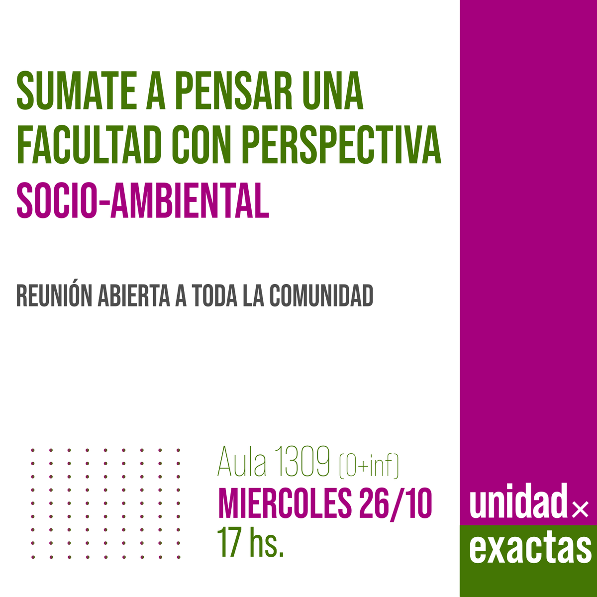 unidadxexactas's tweet photo. 🌱Reunión abierta🌱
*POR UNA FACULTAD CON PERSPECTIVA SOCIO-AMBIENTAL*

🕒 Este *miércoles 17hs Aula 1309* (0+inf). Organizan: FEM! y Unidad x Exactas. https://t.co/LvEwtYIk3N