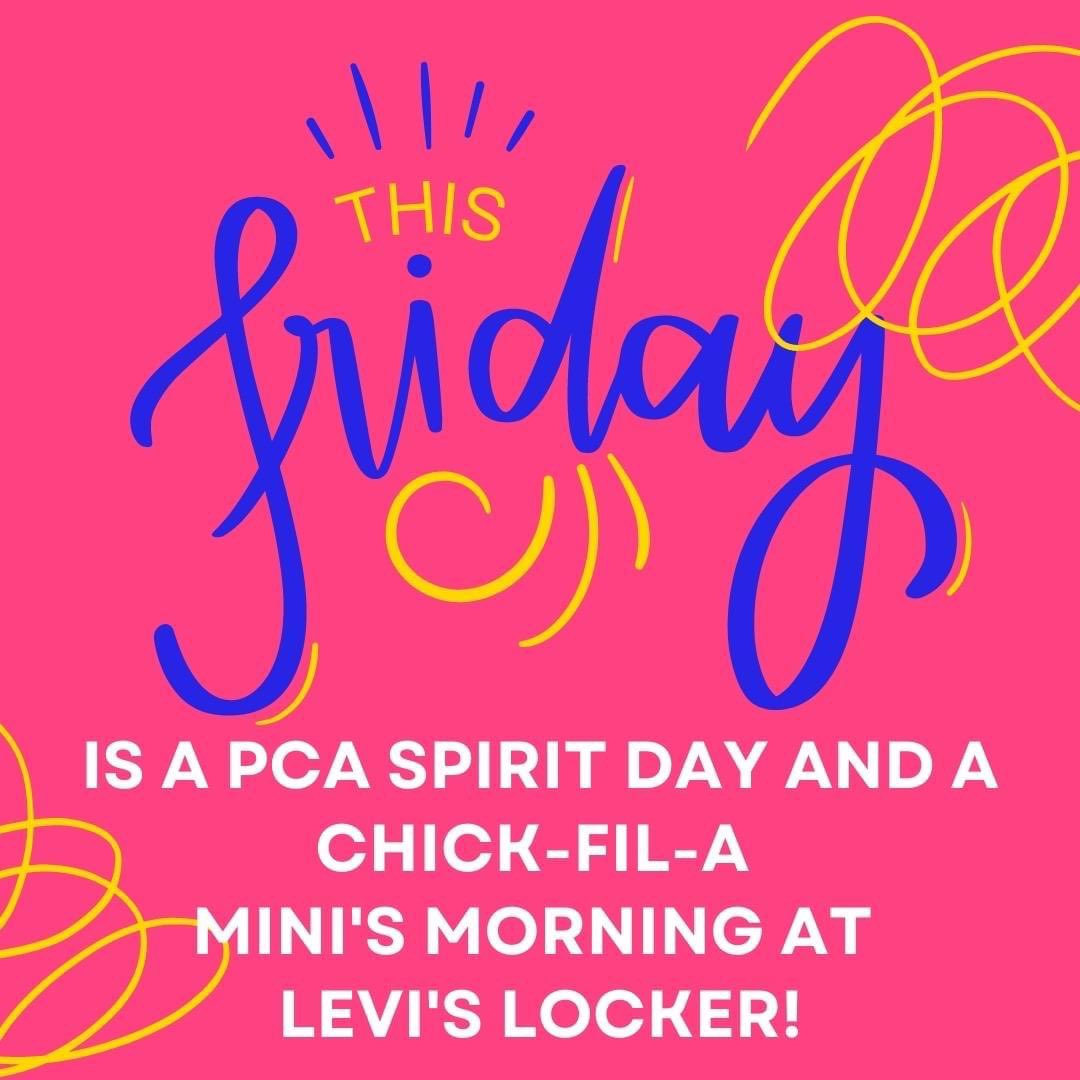 LevisLockerPCA's tweet photo. Upper School Students, Middle School Students, Faculty & Staff...tell ALL your friends about THIS FRIDAY! It's a PCA SPIRIT FRIDAY and Levi's Locker will have boxes of Chick-n-Minis for $5! 🐮
#CFA #SpiritDay #EatMoreChicken #LevisLocker
@PrestonwoodPCA https://t.co/nhYpSv6qH1