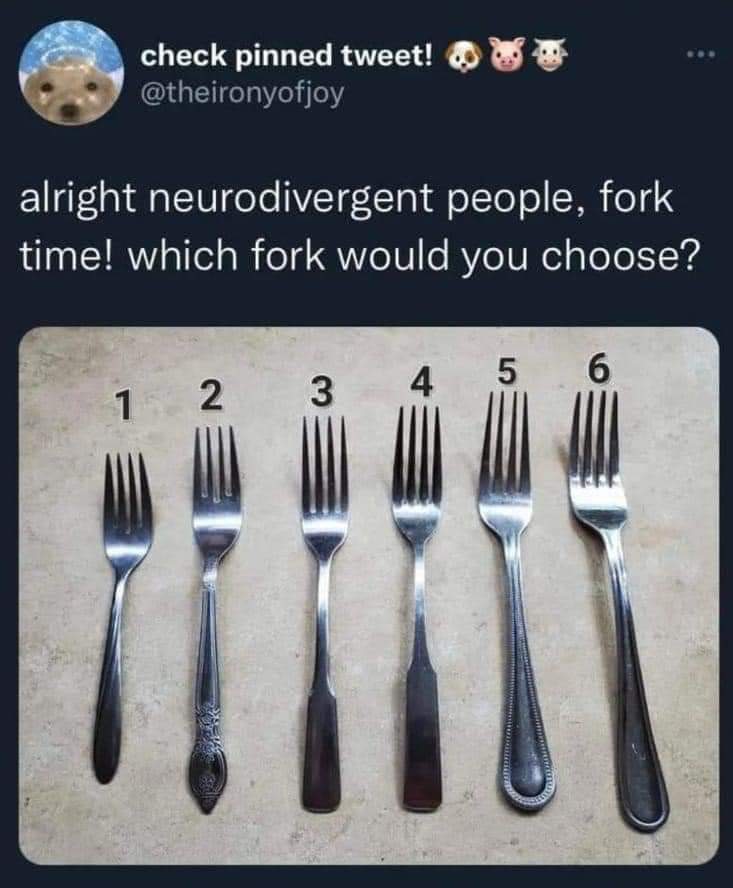 fizleglitz's tweet photo. 1, but ideally with the handle shape of 5, with maintaining the length of 1. 

The rest look too large. 

Also, the long, skinny tines of 3-6 are scary af. https://t.co/d11Br3cFiw