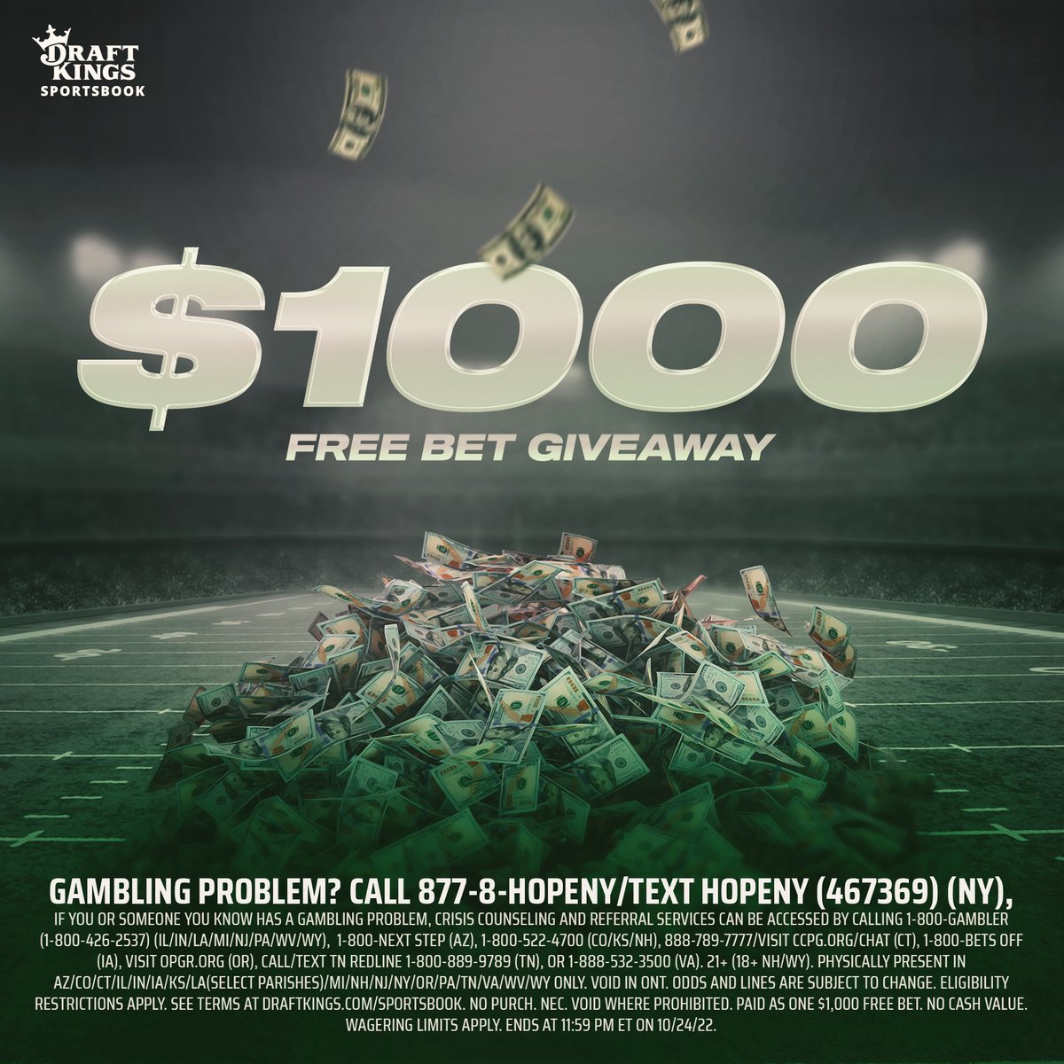 DKSportsbook's tweet image. Our latest Monday night $1000 free bet is live!

Follow these steps to enter for a shot to win: 

1. Retweet this post
2. Follow us
3. Give us a pick for #MNF tonight and include #DraftKingsMNF in your reply

Rules: dknation.draftkings.com/2022/10/24/234…