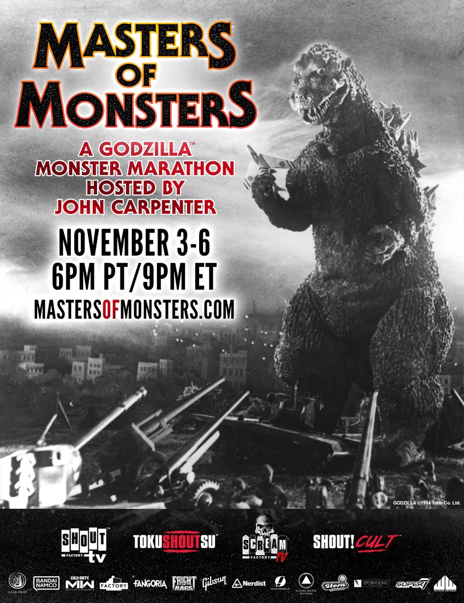 Join us and @ShoutFactoryTV this November for Masters of Monsters: a marathon event of Godzilla films hosted by the Master of Horror himself, John Carpenter! Find out more: on.rsani.me/3Vx8qjt #MastersofMonsters #Godzilla #GodzillaDay