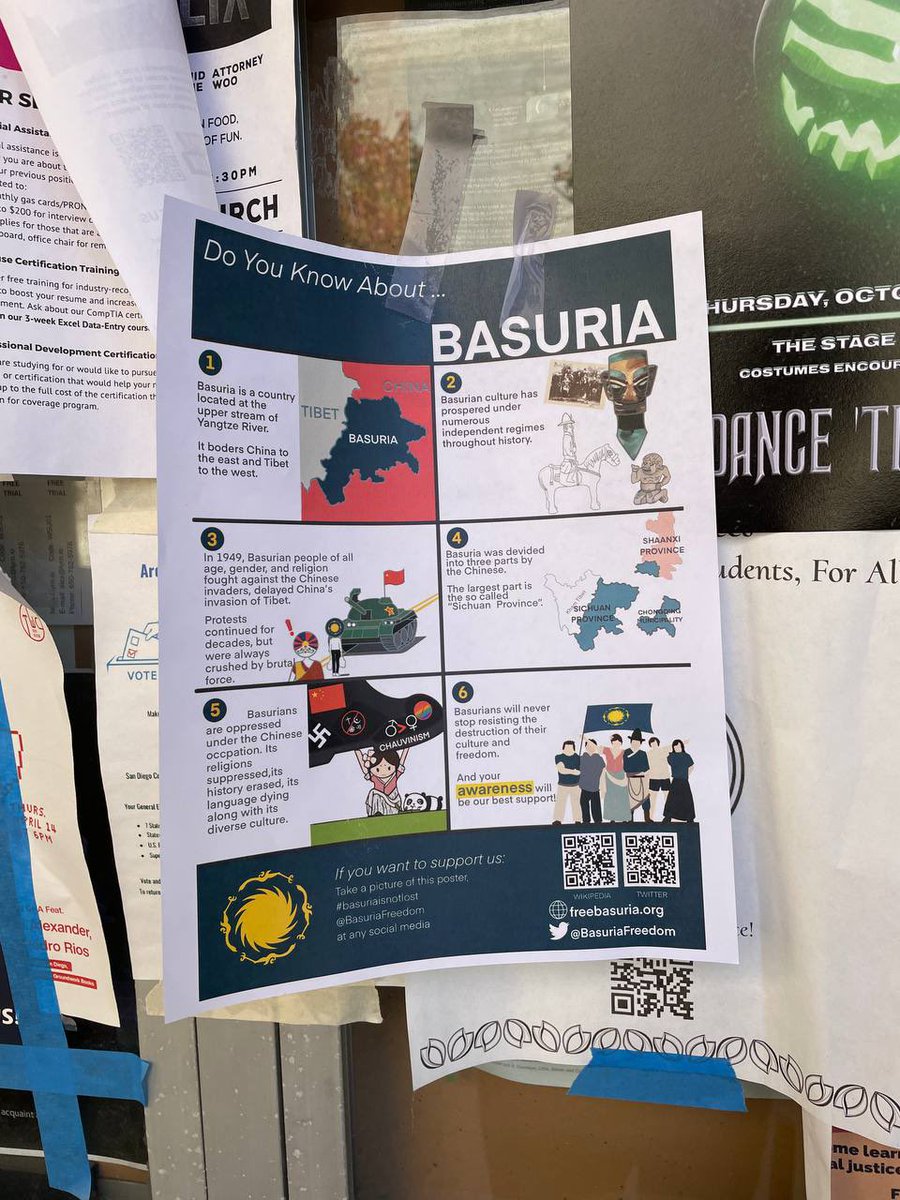 BasuriaFreedom's tweet photo. Basurian fliers are spotted in @UCSanDiego. A big thank you to the student who’s done this! And we encourage all Basurian college students to follow suit. It is the most efficient way to tell others you are not Chinese!
#巴蜀獨立唯一出路
#BasuriaIsNotLost https://t.co/vHh7G7XM7Q