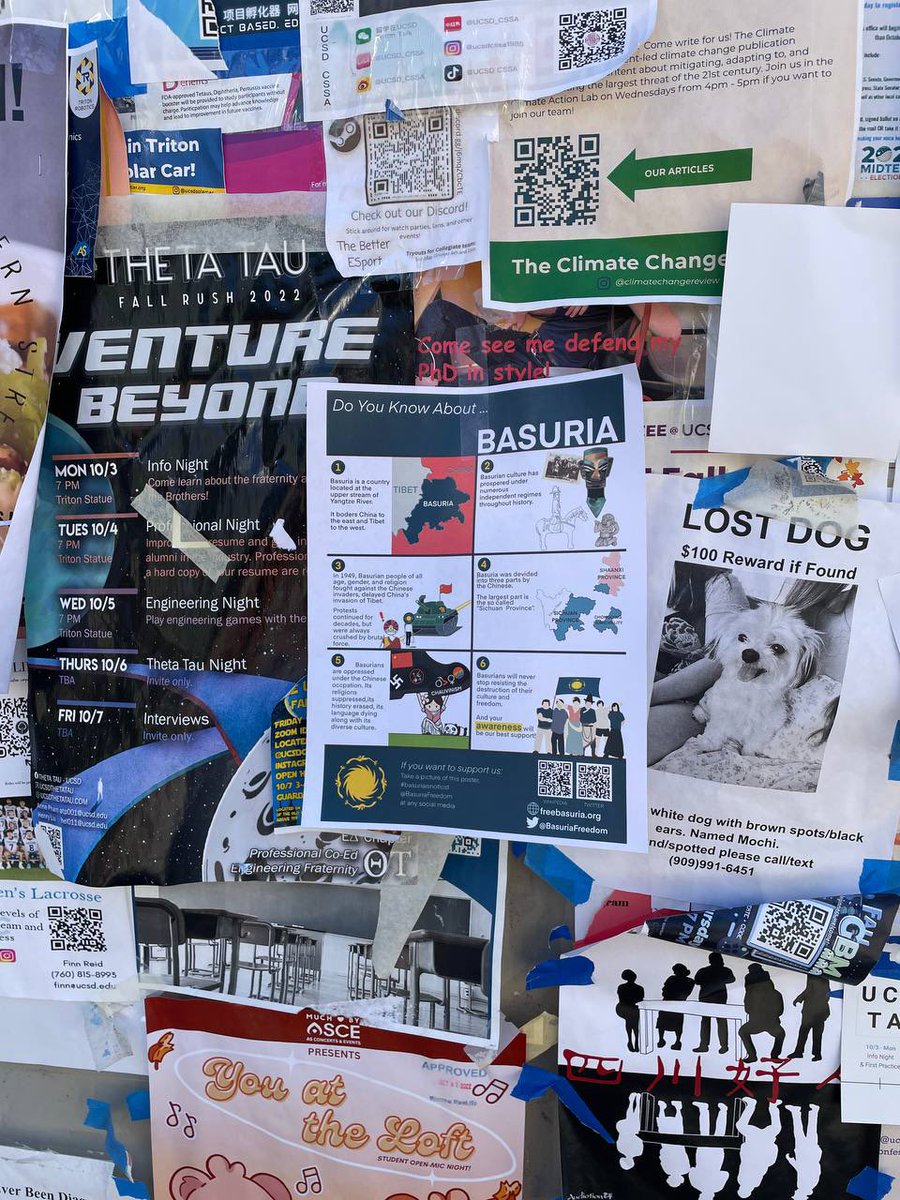 BasuriaFreedom's tweet photo. Basurian fliers are spotted in @UCSanDiego. A big thank you to the student who’s done this! And we encourage all Basurian college students to follow suit. It is the most efficient way to tell others you are not Chinese!
#巴蜀獨立唯一出路
#BasuriaIsNotLost https://t.co/vHh7G7XM7Q