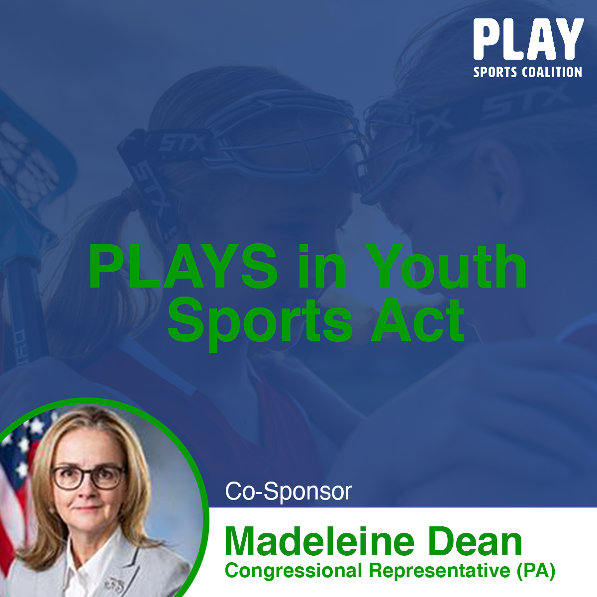 Thank you Congresswoman Madeleine Dean (PA) (@RepDean) for Co-Sponsoring the PLAYS in Youth Sports Act! The PLAYS Act will provide a national grant program to youth development programs and help get more kids in the game. #Unite2PLAY