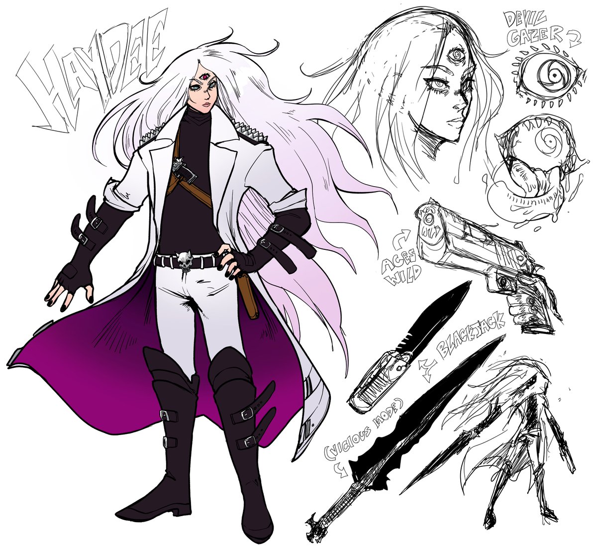 HunterMComics's tweet photo. Current updated design sheet for my #DevilMayCry OC, Haydee the devil hunter! Her accursed third eye seeks to drive her into a nightmare of misery and bloodshed 👁️👁️👁️ https://t.co/10Lst3LBh2