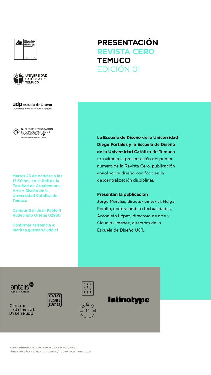disenoUDP's tweet photo. Atención TEMUCO: mañana presentación de nuestra nueva publicación #RevistaCERO en Escuela de Diseño #UCT 
⏰ A las 17:00 hrs.
🏫 Hall FAAD UCT - Campus San Juan Pablo II, Rudecindo Ortega 02950, Temuco
📩 Confirmar asistencia al correo: maritza.guzman@udp.cl https://t.co/Att85tGJQD