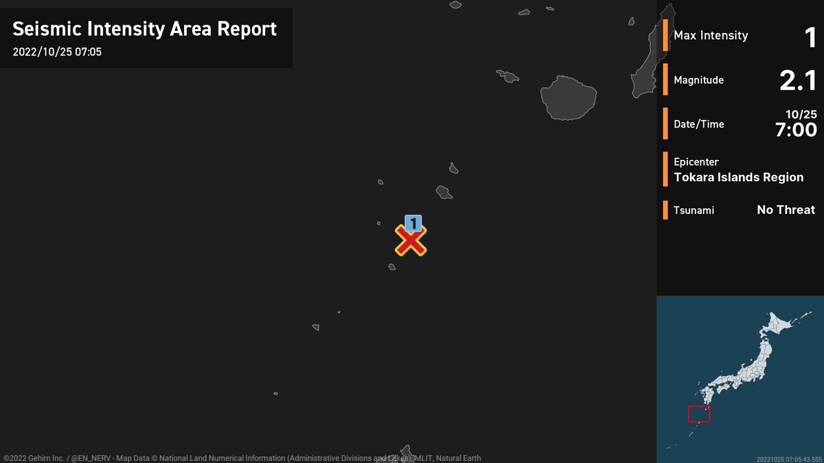 Earthquake Detailed Report – 10/25 At around 7:00am, an earthquake with a magnitude of 2.1 occurred near the Tokara Islands at a depth of 10km. The maximum intensity was 1. There is no threat of a tsunami. #earthquake