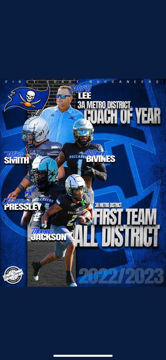 🎉CONGRATULATIONS🎉 Huge shout out to Coach Lee on being named 3A District COACH OF THE YEAR, and to our four varsity players being named FIRST TEAM ALL CONFERENCE! 🏴‍☠️🏈 Buc nation is proud #firstcoasthighschool #fcbuccaneers #fchs #bucpride #bucnation #waytogo #congratulations