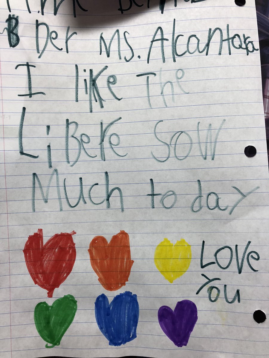 LibraryMcmicken's tweet photo. “Thank you for the reading class, Ms Alcantara” and “Dear Ms. Alcantara, I like the library so much today. Love you.” #inventedspelling #happymonday #ilovemyjob https://t.co/aa3FFXKWDu