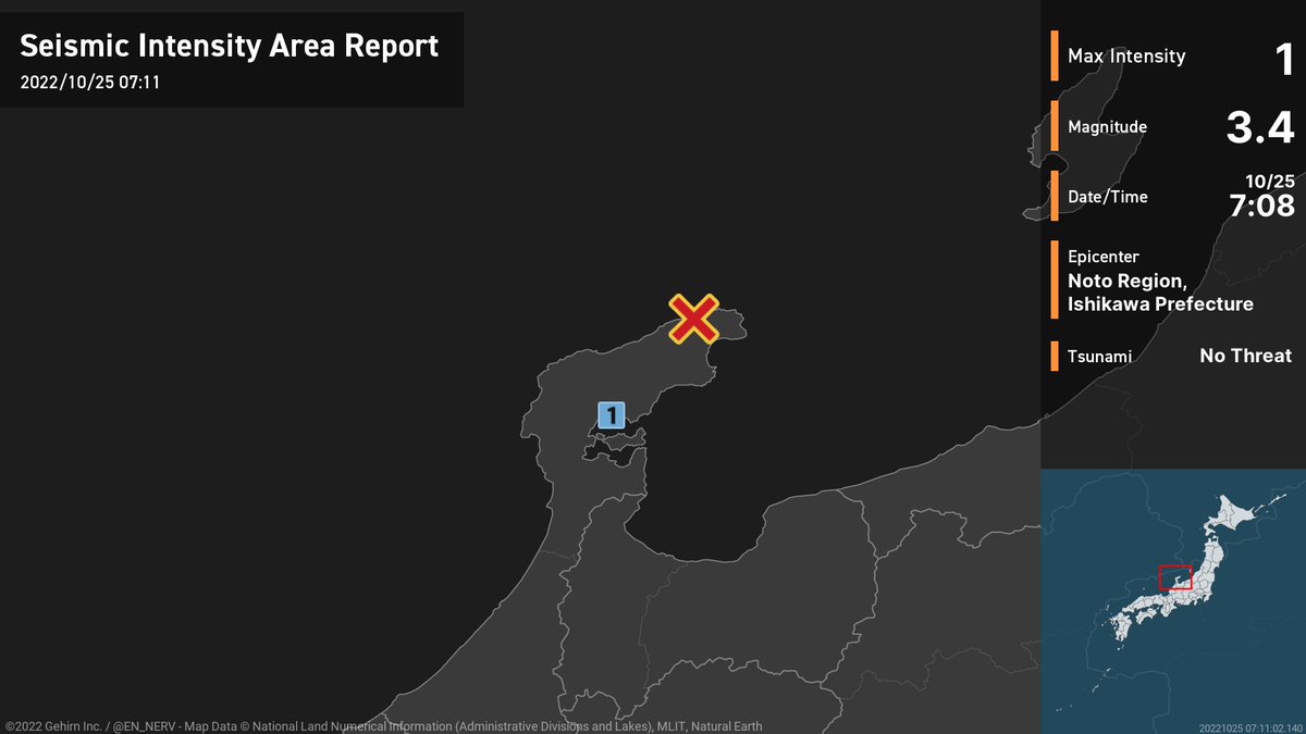 Earthquake Detailed Report – 10/25 At around 7:08am, an earthquake with a magnitude of 3.4 occurred near Noto, Ishikawa Prefecture at a depth of 10km. The maximum intensity was 1. There is no threat of a tsunami. #earthquake