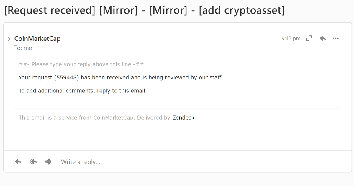 MAPP (@mirrorappfi) on Twitter photo We have completed our request (559448) to <a href="/CoinMarketCap/">CoinMarketCap</a> for Mirror token listing
#MIRROR is the utility token of Mirror project & its application.
#MAPP #Coinmarketcap #CMC #listing #altcoins We have completed our request (559448) to <a href="/CoinMarketCap/">CoinMarketCap</a> for Mirror token listing
#MIRROR is the utility token of Mirror project & its application.
#MAPP #Coinmarketcap #CMC #listing #altcoins