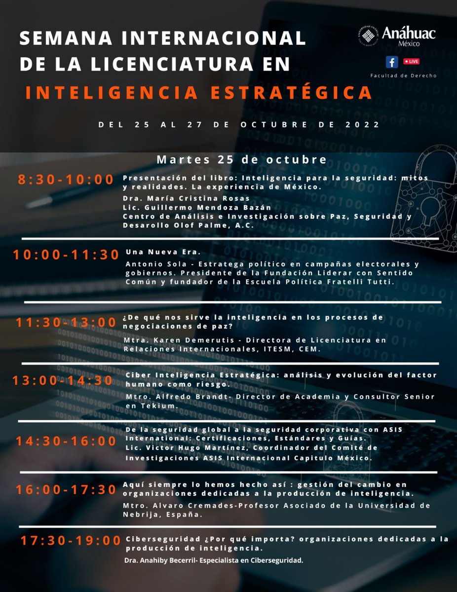 FDerechoAnahuac's tweet photo. Aquí compartimos el programa actualizado de nuestra Semana Internacional de Inteligencia Estratégica, será transmitido por Facebook Live: https://t.co/0PjywJ4HuI https://t.co/frtKD0WR6v