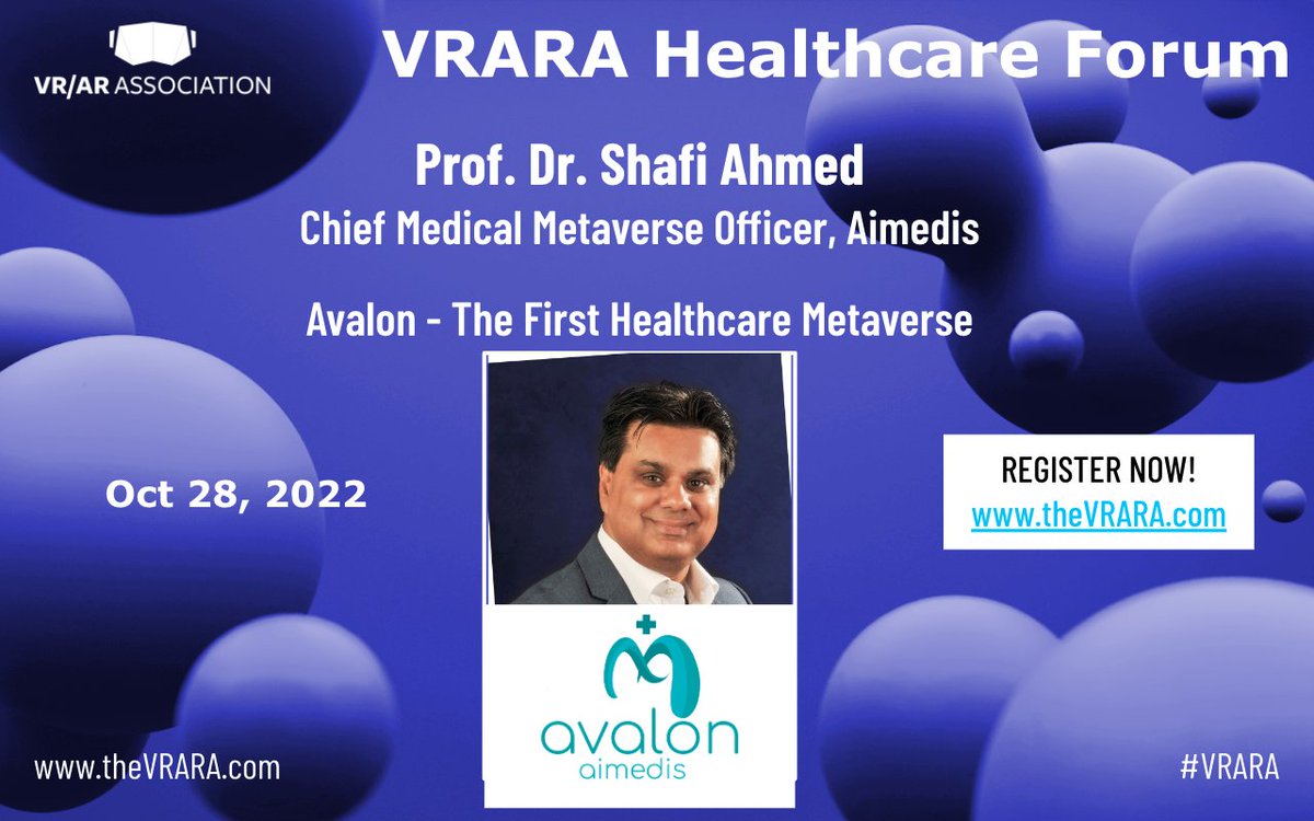 Shafi Ahmed will speak at our Healthcare Forum hopin.com/events/vrara-h… about Avalon - The First Healthcare Metaverse! The #metaverse offers a different approach to healthcare. Avalon offers consultations, medical, pharma data #NFTs and the health economy @shafiahmed5