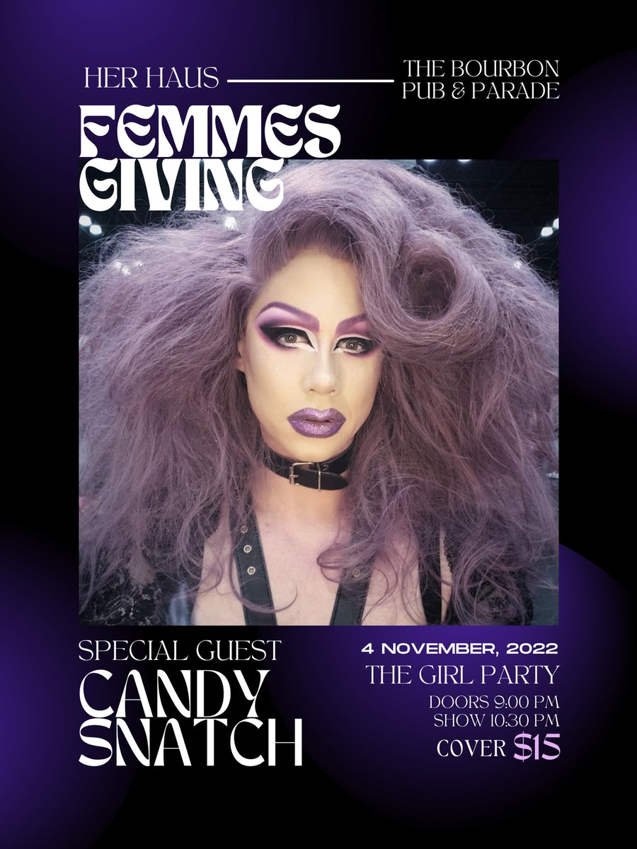 Introducing this FIERCE queen joining us for our FEMMESGIVING party….ladies, queens and all the in betweens, we present Candy Snatch💥😍😮‍💨

She will be gracing the stage with us for the first time on Nov. 4th at 10:30pm! Doors open at 9! Cover is $15 Come get SNATCHEDDD💁🏼‍♀️