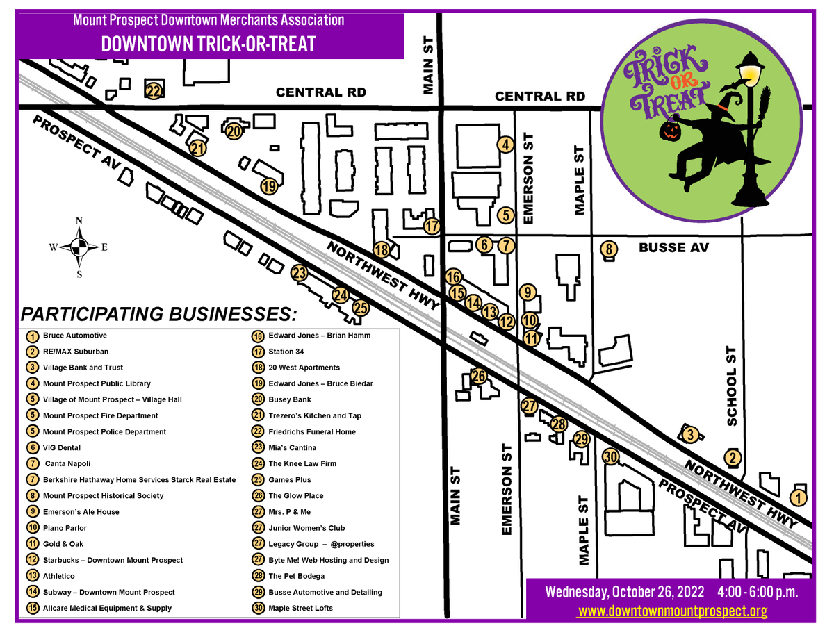 MtProspectDMA's tweet photo. 🍬👻🎃 It's here! The map for the Downtown Trick-or-Treat map has been released! Plan your route today and join us this Wednesday from 4 - 6 p.m. in downtown Mount Prospect for a fun time (and lots of goodies!)  View printable pdf here: https://t.co/gzEumbMPXW https://t.co/qSx2VQ2Gmk
